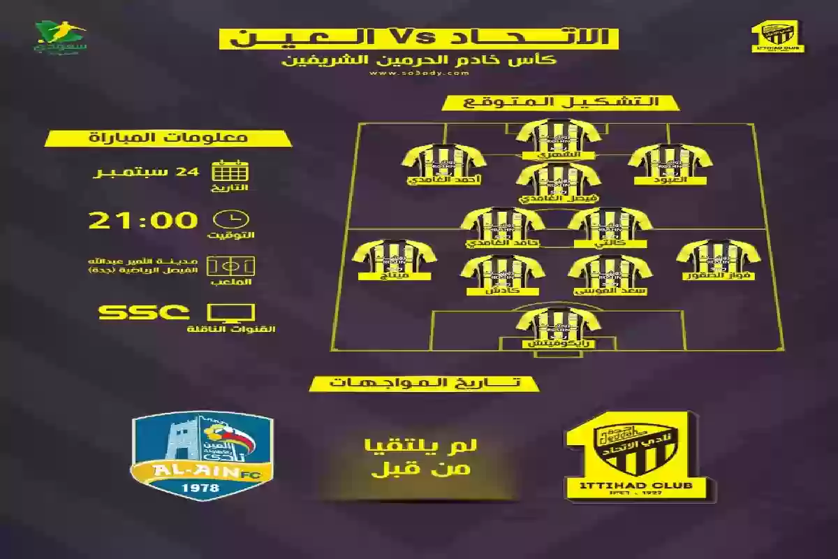 القناة والتشكيل المتوقع .. موعد مباراة الاتحاد ضد العين في كأس الملك. 